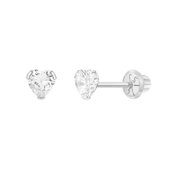 18Kt White Gold Heart with 3 Small cubic zirconia Screwback Earrings 4mm 